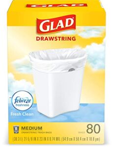 Glad Trash & Food Storage Medium Kitchen Drawstring Trash Bags 8 Gallon White Trash Bag, Fresh Clean Scent, 80 Count (Package May Vary)