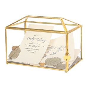 REDHUGO 12.6×5.9×9 inches Large Glass Card Box Handmade with Slot and Lock, Wedding Card Boxes for Reception, Graduation, Gift Cards, Party, Brass Geometric Terrarium, Golden Decorative Box