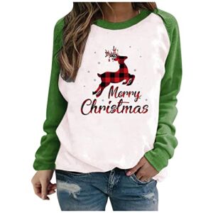 TUNUSKAT Womens Merry Christmas Sweatshirt Plus Size Patchwork Long Sleeve Shirts Casual Crewneck Pullover Cute Holiday Tops