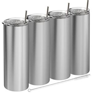 Earth Drinkware Stainless Steel Skinny Tumbler Set, 20 oz (4 Pack) – Vacuum Insulated Coffee Tumblers with Lids and Straws – BPA Free – Travel Mugs, Keep Hot and Cold – Silver