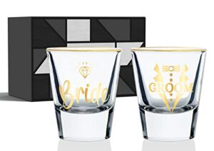 Shot Glasses Set of 2, Bride & Groom, Golden Rim Heavy Base Shot Glass, Wedding gifts for couples, 1.5 oz, Onebttl