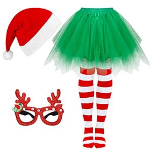 SATINIOR Christmas Costume Set Christmas Santa Hat Green Tutu Skirt Striped Tights Glitter Reindeer Frame Christmas Glasses for Women Christmas Parties Holiday Accessory, White, Red and Green