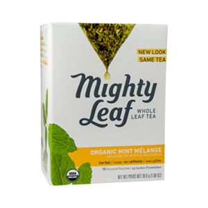 Mighty Leaf Whole Leaf Tea, Organic Mint Melange, 15 Tea Bags Individual Pyramid-Style Tea Sachets of Uncaffeinated Organic Mint Tea, Delicious Hot or Iced, Sweetened or Plain