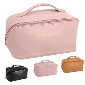 peachcroft Large Capacity Travel Cosmetic Bag, Multifunctional Storage Makeup Bag PU Leather Makeup Bag, with Handle and Divider Travel Cosmetic Bags for Women (Pink)
