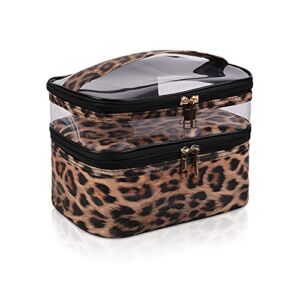 imerelez Double-layer Cosmetic Bag Makeup Bag Travel Makeup Bag Makeup Bags for Women Cosmetics Cases Portable Waterproof Foldable (Leopard)