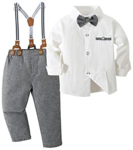 Toddler Boys Gentleman Outfits Suits, Baby Tuxedo Long Sleeve Shirt Party Clothes Set+ Suspender Pants +Bow Tie 12 Months-5T