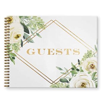 Canopy Street White Floral Wedding Hardcover Guestbook / 120 Lined Guest Signature Pages Inside / 11″ x 8.5″ Landscape Lay Flat Wedding Guest Book/Gold Metal Spiral Binding | The Storepaperoomates Retail Market - Fast Affordable Shopping