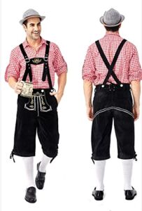 German Oktoberfest Costume Men’s Adult Carnival Cosplay Beer Holiday Celebrate, Shirt and Overall (Color : Red+Black, Size : XXL)