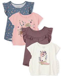 The Children’s Place Baby 4 Pack and Toddler Girls Short Sleeve Fashion Shirts, Prarire Ditsy Pink/Lilac/Lake Blue/Floral Boot, 2T
