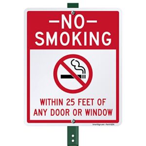 SmartSign 12 x 10 inch “No Smoking Within 25 Feet Of Any Door Or Window” LawnBoss Yard Sign with 3 foot Stake, 40 mil Laminated Rustproof Aluminum, Red, Black and White, Set of 1