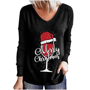 Women’s Round Neck Tunic Tops Ladies Fashion Christmas Sequin Wine Glass Graphic Long Sleeve Shirts Soft Comfy Blouse