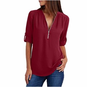Womens Summer Tops 2022 Casual Dressy Zip Up V Neck T Shirts Plain Cute Tees Loose Trendy Blouses Fall Sweatshirt Pullover Wine