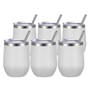 VEGOND Wine Tumblers Bulk 6 Pack, 12oz Stainless Steel Stemless Wine Glass with Lids and Straws，Double Wall Vacuum Insulated Tumbler Cup, Coffee Mug for Cold Hot Drinks