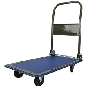 Olympia Tools 85-180 Folding & Rolling Flatbed Cart for Loading, Olive Green with Blue Bumper, 300 Lb. Load Capacity