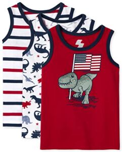 The Children’s Place Baby and Toddler Boys Sleeveless Fashion Tank Top, Dinos/USA Dinos/Stripes-3 Pack, 3T