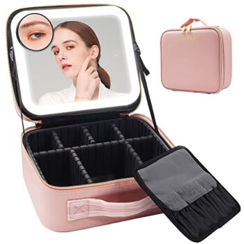 RRtide Makeup Bag with Mirror of LED Lighted, Travel Makeup Train Case Cosmetic Bag Organizer with Adjustable Dividers, Makeup Case with Mirror and Detachable 10x Magnifying Mirror | The Storepaperoomates Retail Market - Fast Affordable Shopping