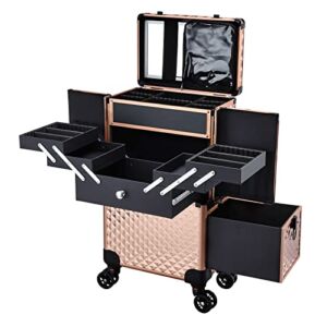 Adazzo Professional Makeup Artist Rolling Train Case Multi-functional Cosmetic Train Case Large Trolley Storage Case for Nail Technicians Cosmetology Case for Hairstylist (Shiny Rose Gold)