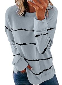 Biucly Womens Casual Fashion Crewneck Sweatshirt Loose Striped Printed Long Sleeve Tee Shirts Lightweight Soft Oversized Sweatshirts Pullover Tops Shirt,US 4-6(S),Grey
