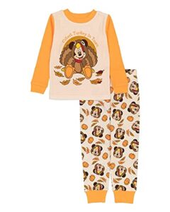 Disney Kids’ Unisex 2-Piece Snug Fit Long Sleeve Long Pant Cotton Pajama Sets, Cute Turkey, 3T