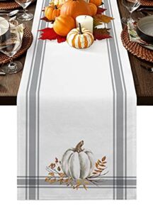 TweetyBed Fall Table Runners 120 Inch Thanksgiving Decorations White Pumpkin Leaf Branch Runners for Dining Tables Gray Stripes Autumn Dinner Runner Kitchen Parties Decor