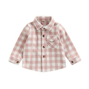 Toddler Baby Boys Girls Flannel Plaid Jacket Long Sleeve Lapel Button Down Pocketed Shirts Coats Shacket Cardigan Tops (Pink, 24 Months)
