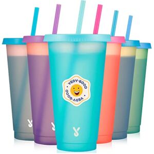 Meoky Color Changing Cups with Lids and Straws – 6 Pack 24 oz Plastic Tumblers with Lids and Straws, Reusable Cups with Lids and Straws for Adult Women Party, Cold Cups with 24 pcs Vsco Stickers