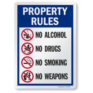 SmartSign 14 x 10 inch “Property Rules – No Alcohol, No Drugs, No Smoking, No Weapons” Metal Sign, 40 mil Laminated Rustproof Aluminum, Multicolor