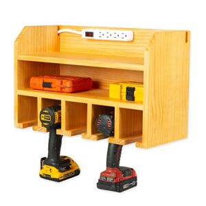 Power Tool Organizer for Garage – Fully Assembled Wood Tool Chest and Drill Charging Station – Great Workshop Organization and Storage Gift for Men