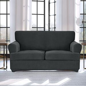 3 Pieces Stretch T Cushion Loveseat Slipcovers with 2 Individually T Cushion Shape Seat Covers，Furniture Protector Sofa Covers with Elastic Bottom (Loveseat, Dark Gray)