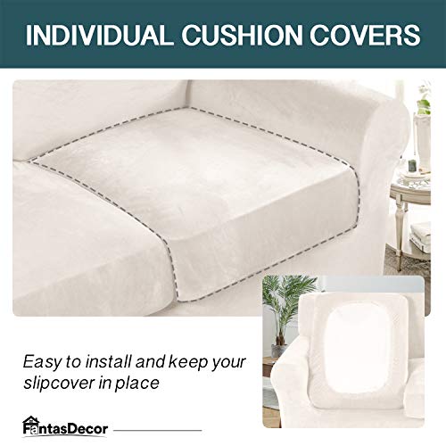 4 Piece Sofa Covers Velvet Couch Covers for 3 Cushion Couch Stretch Sofa Slipcover with Individual Seat Cushion Covers Elastic Furniture Protector for Pets, Machine Washable (Sofa, Ivory) | The Storepaperoomates Retail Market - Fast Affordable Shopping