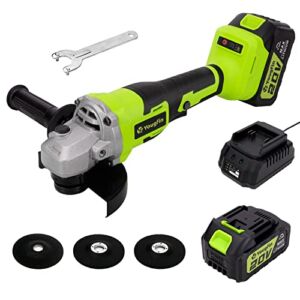 Yougfin Angle Grinder, 20V Power Grinder Tool Cordless, Adjustable 2-Position Handle, Max 9000 RPM Brushless Electric Grinder with Battery & Charger, Safety Guard for Grinding & Cutting
