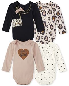 The Children’s Place Baby Long Sleeve 100% Cotton Bodysuits, Purse/Leopard/Mini Hearts/Daddy’s Girl 4 Pack, 18-24 Months