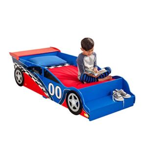 KidKraft Wooden Racecar Toddler Bed with Built-In Bench and Bed Rails – Red and Blue, Gift for Ages 15 mo+