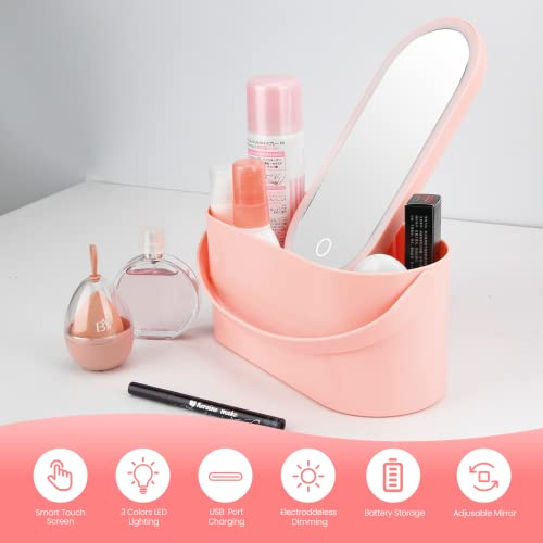 Fasjewly Travel Makeup Organizer Box with Mirror,Portable Cosmetic Case with 3 Colors Dimmable LED Lighting Pink Multi-Purpose Makeup Storage Train Box（Not Included Battery） | The Storepaperoomates Retail Market - Fast Affordable Shopping