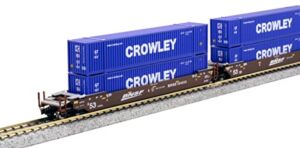 Kato USA Model Train Products N Gunderson Maxi-IV 3-Unit Set BNSF Swoosh #254353 w/Crowley Logistics 53′ Containers, BNSF Red