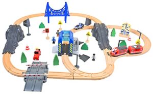 Wooden Train Set with Battery Operated Train, Wood Train Track for Toddlers, 74Pcs Wooden Tracks Fit Most Major Brands Train Railway Set, Expandable Train Toy for 3 4 5 Years Old Girls & Boys.