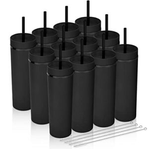 Modwnfy Skinny Tumblers Bulk(12 pack), 16Oz Matte Black Tumblers with Lids and Straws, Reusable Pastel Acrylic Tumblers, Double Wall Plastic Tumblers for Cold Hot Drinks, DIY Tumblers Cups