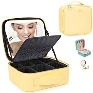 Makeup Train Case with Large Lighted Mirror 3 Color Scenarios Adjustable Brightness Large Cosmetic Organizer Storage Adjustable Dividers Waterproof Makeup Brushes Toiletry Gift Sunshine Yellow