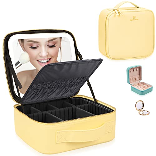 Makeup Train Case with Large Lighted Mirror 3 Color Scenarios Adjustable Brightness Large Cosmetic Organizer Storage Adjustable Dividers Waterproof Makeup Brushes Toiletry Gift Sunshine Yellow | The Storepaperoomates Retail Market - Fast Affordable Shopping
