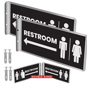 2 Pack of Aluminum Restroom Signs, 12” x 5.5” Double Sided Metal Restroom Sign Black with Removable Clear Protective Film, Screws Included, Men and Women Bathroom Toilet Signage Decor for Business Office