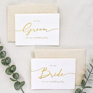 ShopPau Set of 2 Bride and Groom Wedding Day Cards – Linen Textured Cardstock – Gold Foil Elegant Script – 4.875″ x 3.75″ Folded – Raised Colorless Embossed Border – Set of 2 Cardstock Beige Envelopes