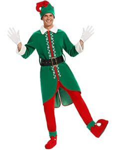 HITASION Men’s Christmas Elf Costume Deluxe Santa Suit Adult Costumes Holiday Halloween Cosplay Set of 6 Pcs Coat Hat Pants Belt XL