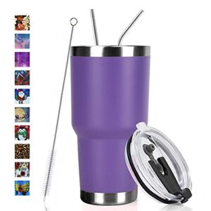 SYACOT 30oz Tumbler Double Wall Stainless Steel Vacuum Insulated Travel Mug with Splash-Proof Lid Metal Straw and Brush (Purple)