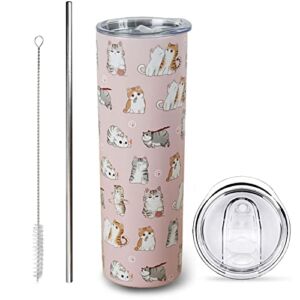 Pink 20oz Cat Tumblers Double Wall Cat Travel Mug Tumbler with Lid and Straw stainless steel Cute Pink Cat Vacuum Insulated Tumblers Cups Mugs Pink Cat Cups Birthday Gifts for Women/girls/Cat lovers