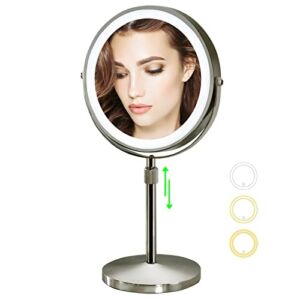 Furgatti Lighted Makeup Mirror, Vanity Mirror with 3 Color Lights, 360 Rotation, Height Adjustable, 1x/10x Magnification, 8 Inch Tabletop Cosmetic Mirror with Touch Control Lights for Makeup, Nickel