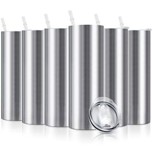 XccMe 30oz Straight Skinny Tumbler Bulk,Stainless Steel 6 Pack Double Wall Slim Insulated Tumbler Set with Lid,Straw,for Travel Mug, Coffee, Tea, Beverages,Diy Gift For Women Friends(Silver)