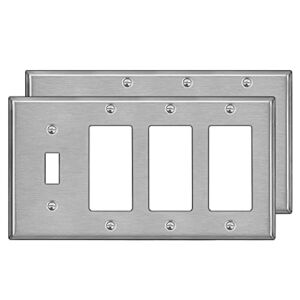 [2 Pack] BESTTEN 4-Gang Combination Metal Wall Plate with Ｗhite or Clear Plastic Film, 3-Decor/1-Toggle, Stainless Steel Outlet and Switch Cover, Brushed FInish