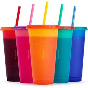 Color Changing Cups with Lids and Straws for Adults – 5 x 24oz Reusable Cups with Lids and Straws, Bulk Plastic Cups with Lids and Straws for Kids Women, Cold Iced Coffee Cups & Party Water Tumbler