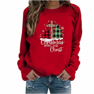 Christmas begins with Christ Women’s Plaid Leopard Tree Crewneck Sweatshirt Long Sleeve Graphic Tees Xmas Pullover Tops