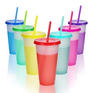 Color Changing Cups Tumblers with Lids Straws – 7 Reusable Bulk Tumblers Plastic Cold Cups for Adults Kids 24oz Tumbler
